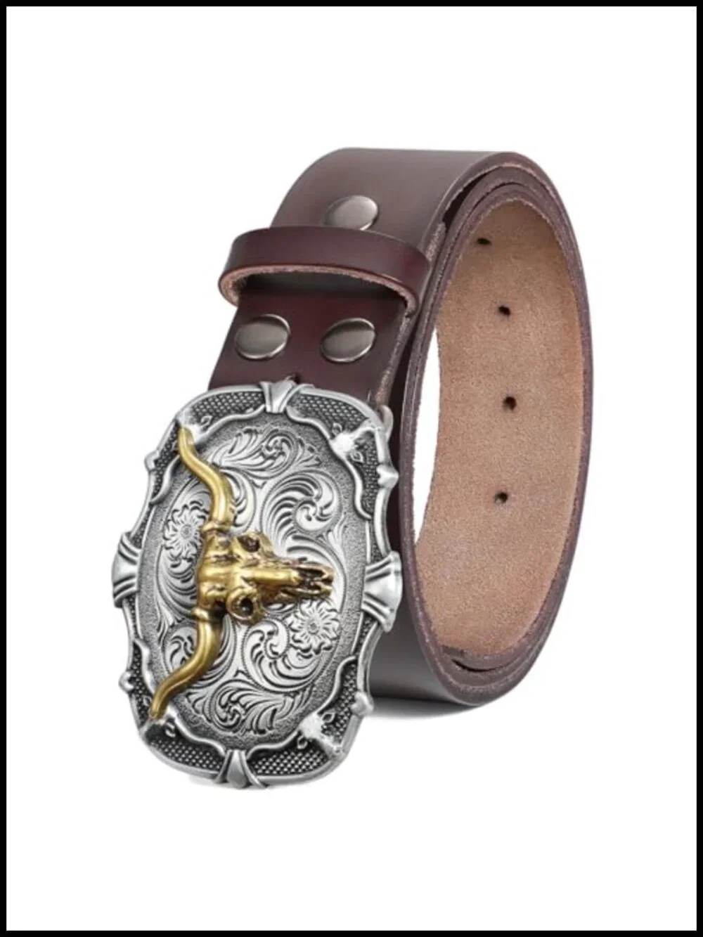 Leather Western Belt with Removable Horse or Bull Buckle for Men Women